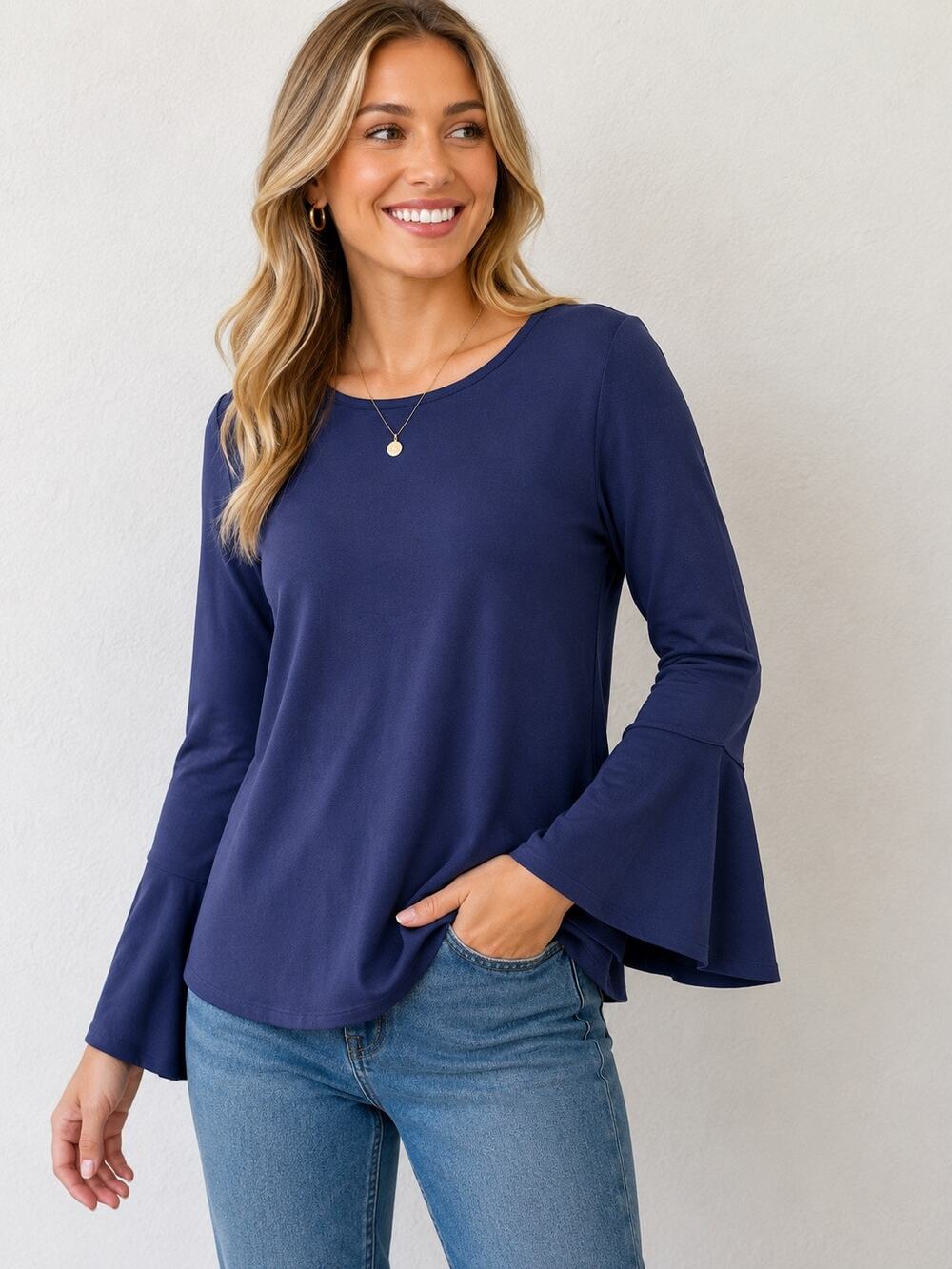 Martha Stewart Navy Bell Sleeve Top Women M Stretch Viscose Blend Blouse